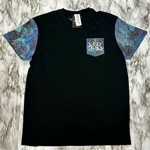 Young & Reckless Black and Blue Short Sleeve Tee Y2K Splatter Tiny Pocket